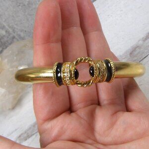 Bold Gold Tone Black Enamel Clear Crystal Swarovski Bangle Bracelet Swan Logo
